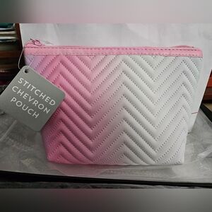 #399 Pink and White Stitched Chevron Pouch Or Cosmetic Bag